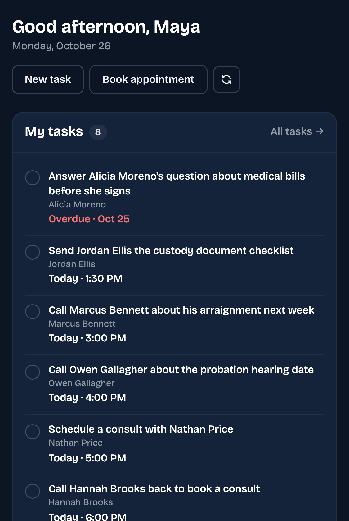 IntakeGenius on a phone: a sample firm's home screen with the day's tasks
