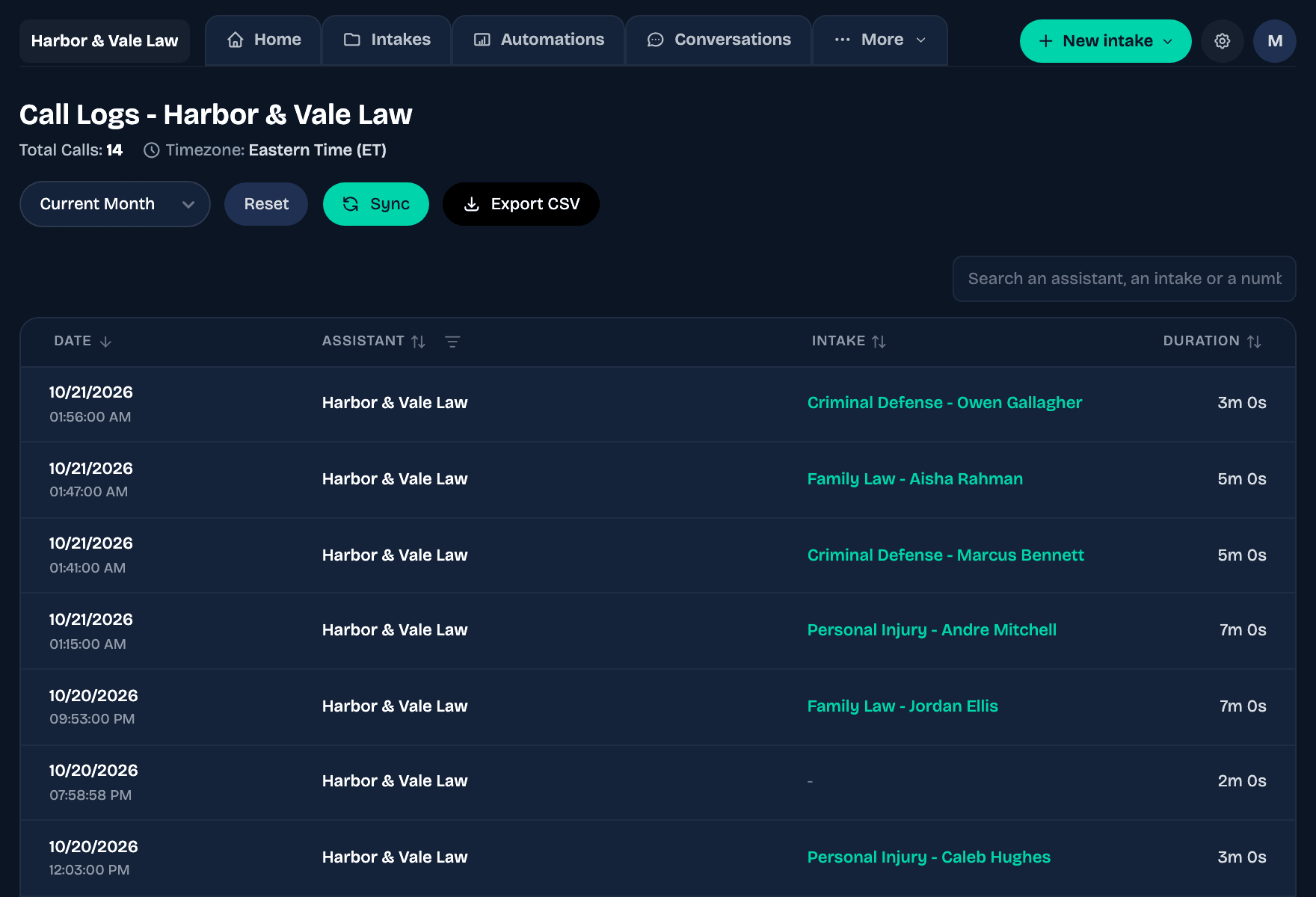 IntakeGenius call log for a sample law firm: calls the AI agent answered overnight, each with its length and the intake it created
